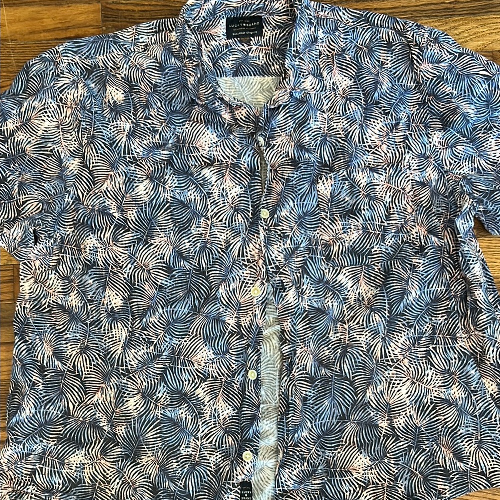 Lucky Brand Blue and White Casual Button Down Shirt with Intricate Design